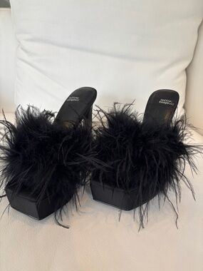 Jeffrey Campbell Black Feathered Platform Mules